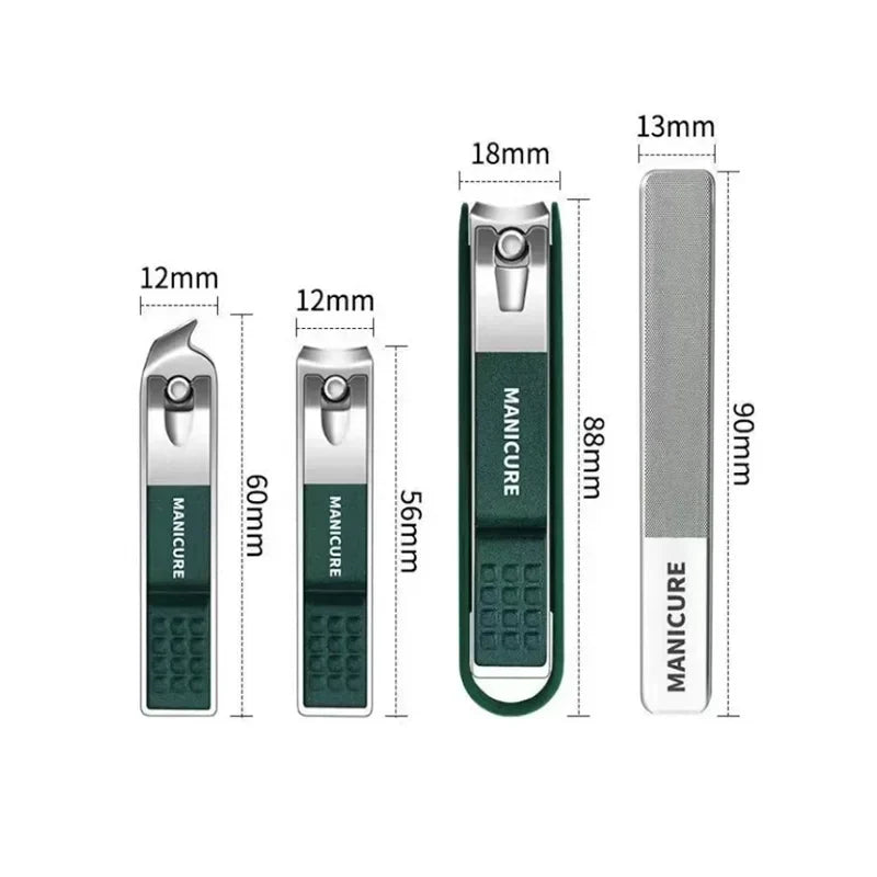 Stainless Steel Nail Clippers, Four Piece Set | Three Sizes at 88, 60 and 56 mm Plus a File | Anti-Splash Catch, Non-Slip Grip