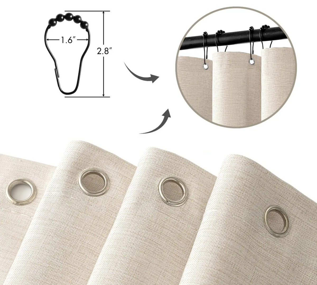 Beige Shower Curtain in a Thick Linen Look, Water Repellent | Black Metal Hooks Included | Quick Drying, Washable