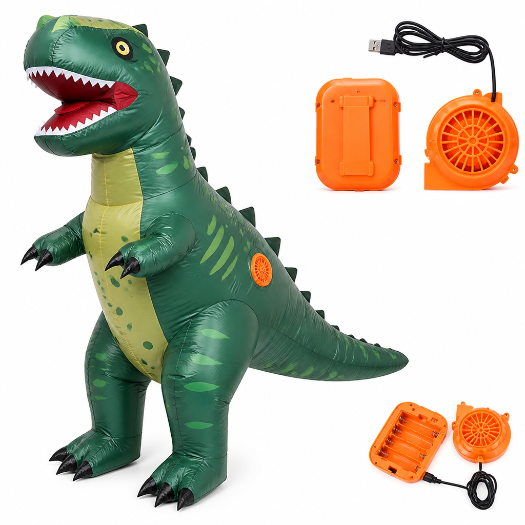 Inflatable full body dinosaur costume with built in blower fan