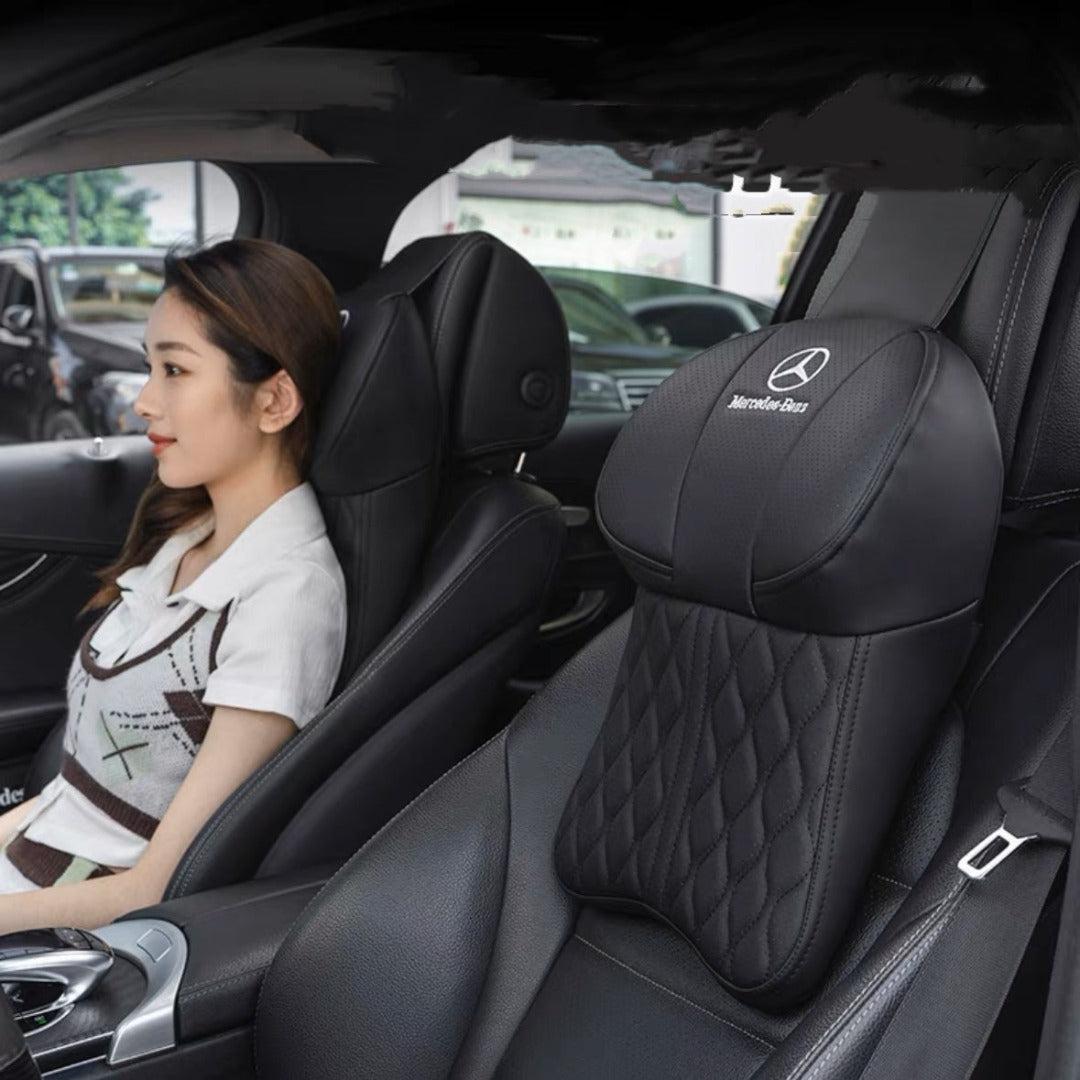 Car Neck Pillow with a Memory Foam Core | Quilted Leather Cover That Straps onto Any Headrest | Extra Support on Long Drives