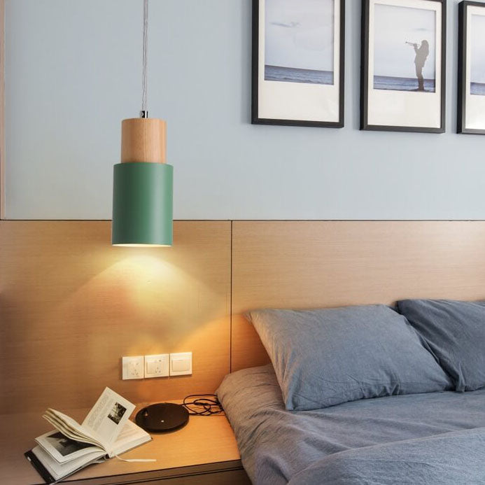 Cylinder Aluminum Pendant Light with Wood Detail