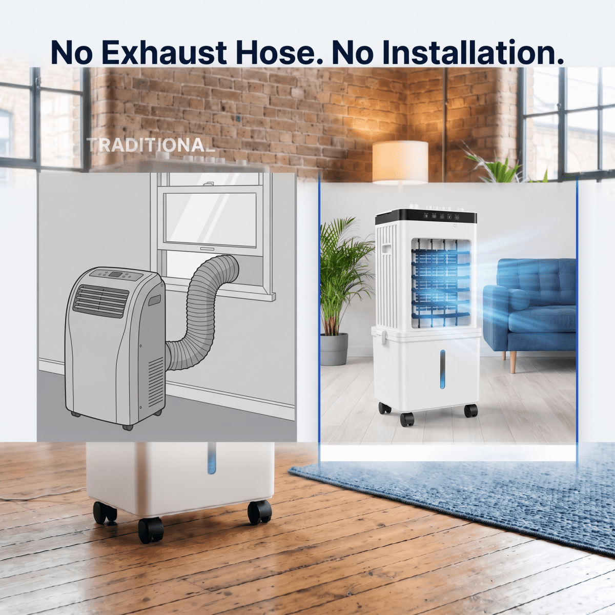 Premium 3-in-1 Mobile Air Cooler with Ice Packs | No Exhaust Hose, Whisper-Quiet | Remote Control & Wheels