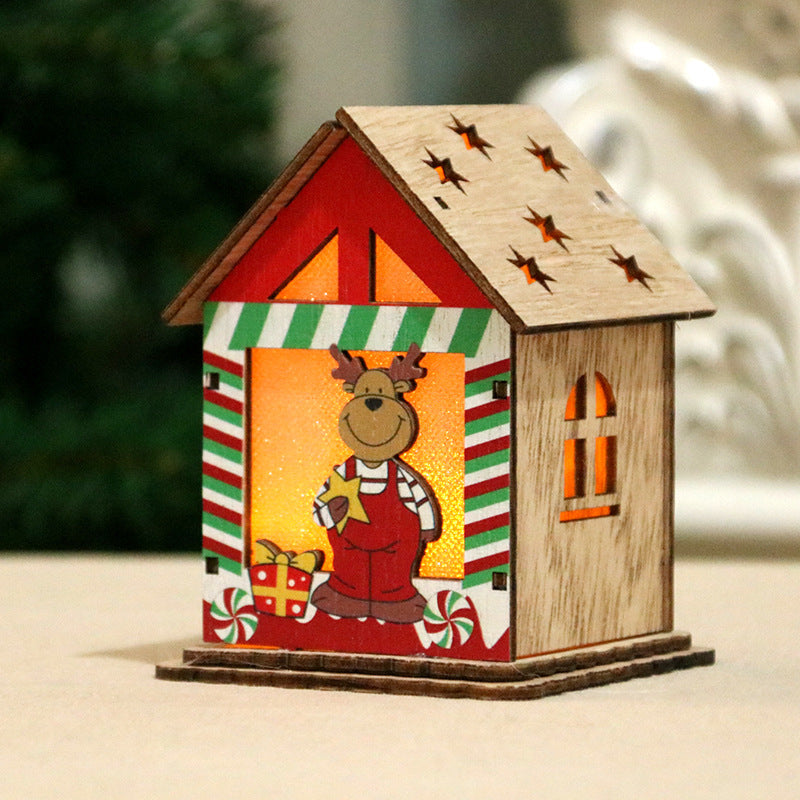 Wooden Christmas Village Cottage with a Santa Scene | Reindeer and Gift Details, Lit from Inside | Compact Shelf or Mantel Glow