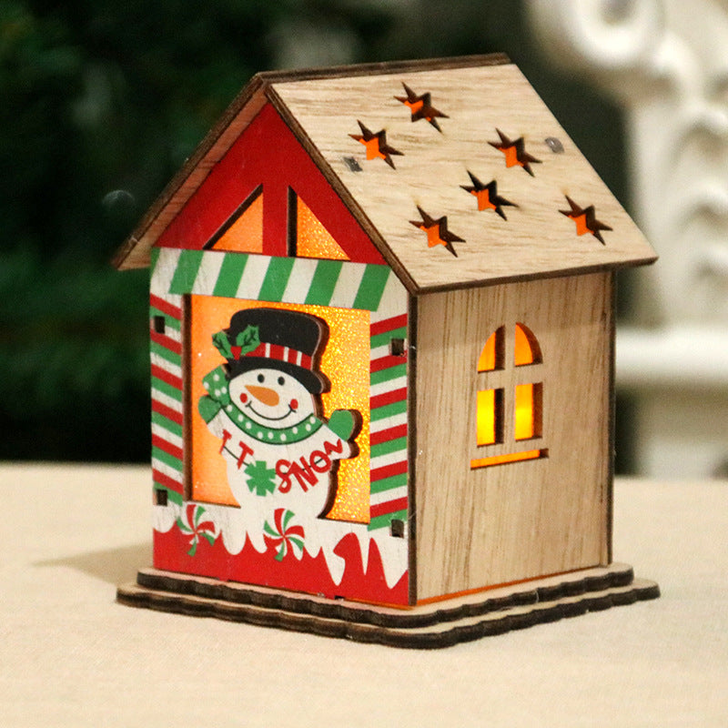 Wooden Christmas Village Cottage with a Santa Scene | Reindeer and Gift Details, Lit from Inside | Compact Shelf or Mantel Glow