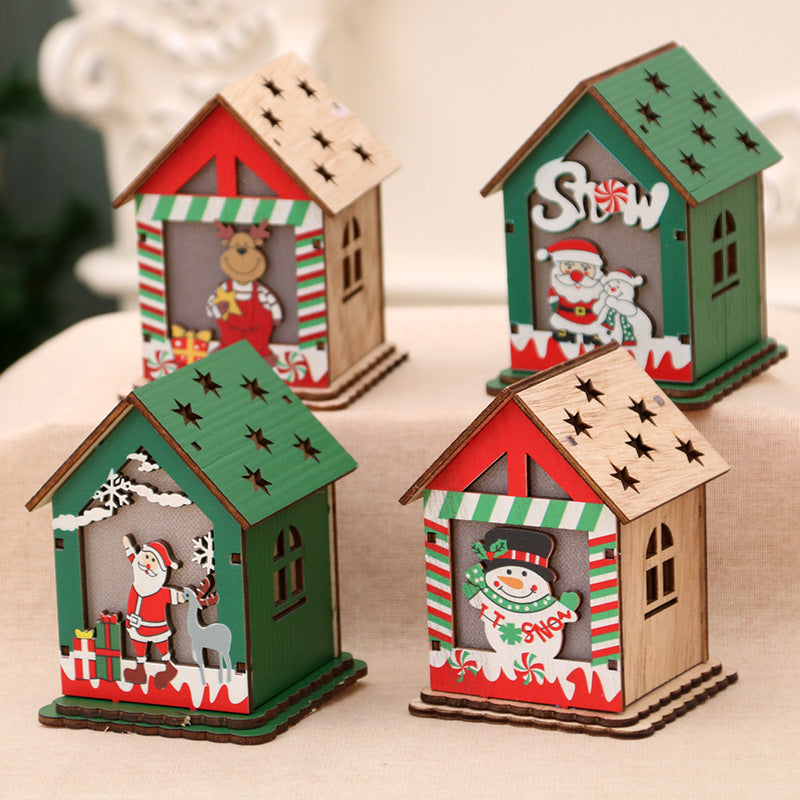 Wooden Christmas Village Cottage with a Santa Scene | Reindeer and Gift Details, Lit from Inside | Compact Shelf or Mantel Glow