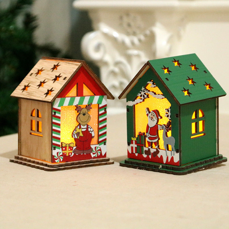 Wooden Christmas Village Cottage with a Santa Scene | Reindeer and Gift Details, Lit from Inside | Compact Shelf or Mantel Glow