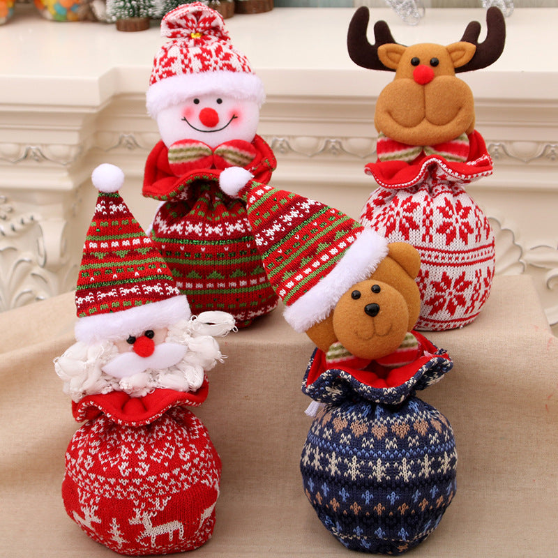 Plush Teddy Bear Christmas Gift Bag with Knit Hat and Scarf | Soft Holiday Treat Sack | Festive Tabletop Decorations