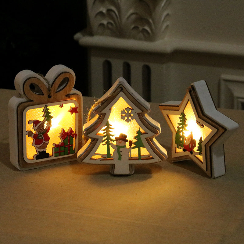 Wooden Christmas Ornaments with LED Lights | Star, Tree and Gift Box Shapes | Warm Glow for Mantel or Window Display