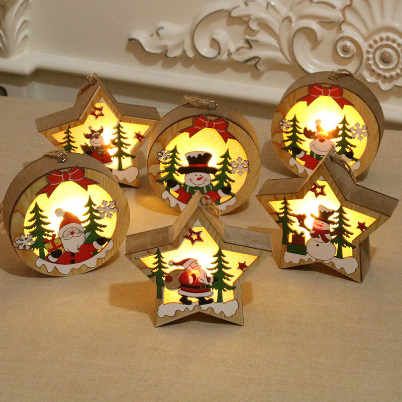 Wooden Light Up Christmas Ornaments with Santa and Pine Scenes | Round or Star Shapes with a Hanging Loop | Warm Indoor Glow