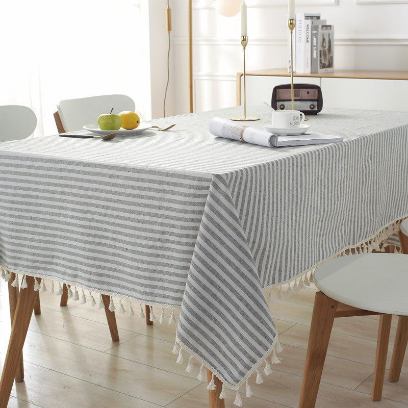 Striped Tablecloth with Tassel Fringe | Machine Washable Table Cover for Dining, Picnics and Events | 3 Colors