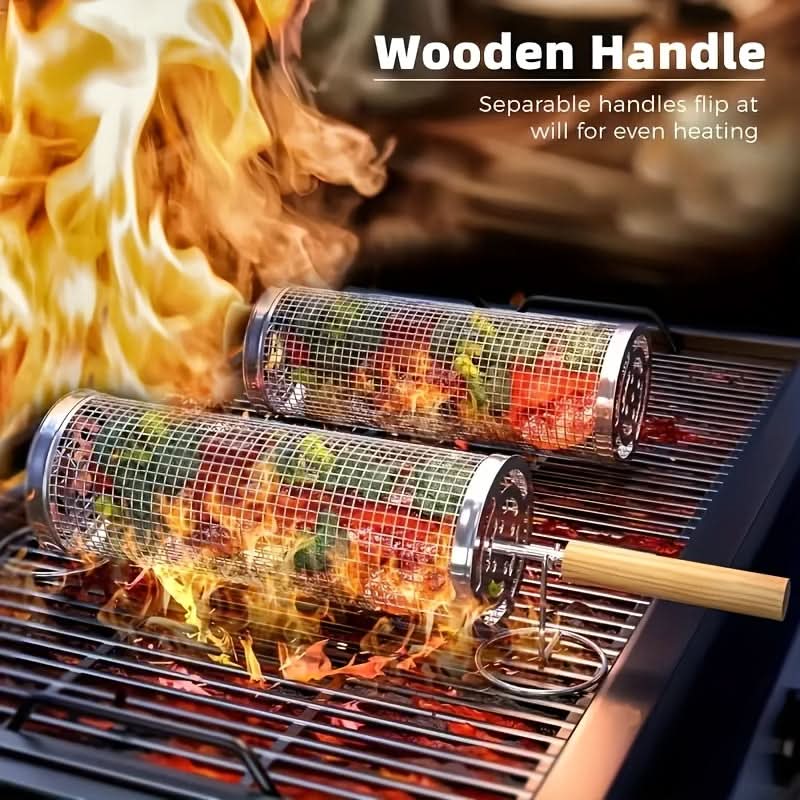 Stainless Steel Rolling Grill Basket with Detachable Handle | 304-Grade Steel | Even-Cook Rotating Design for BBQ
