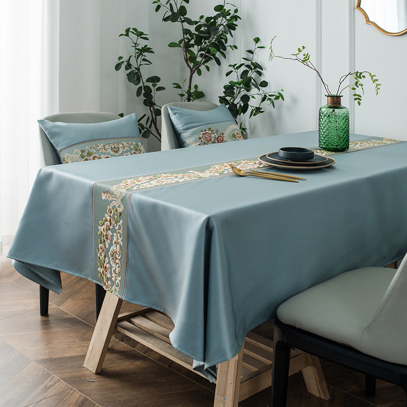 Embroidered Floral Tablecloth in Soft Blue | Durable Easy-Clean Fabric for Everyday Dining | 55 x 55 in