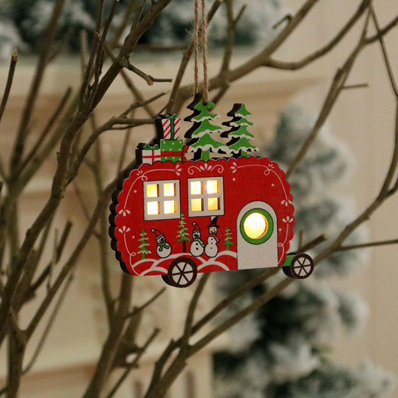 Wooden Christmas Ornaments that Light Up | Star, Heart, Truck and Tree Shapes on a Cord | Nostalgic Santa Sleigh Scene Inside