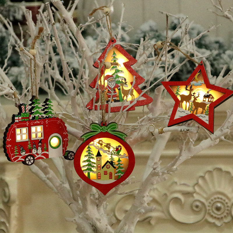 Wooden Christmas Ornaments that Light Up | Star, Heart, Truck and Tree Shapes on a Cord | Nostalgic Santa Sleigh Scene Inside
