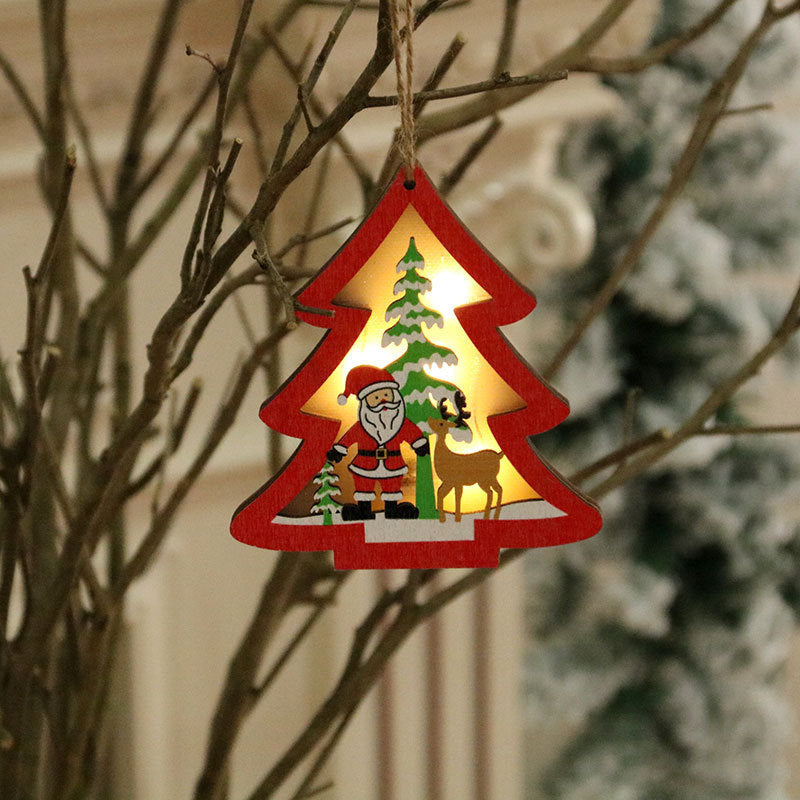 Wooden Christmas Ornaments that Light Up | Star, Heart, Truck and Tree Shapes on a Cord | Nostalgic Santa Sleigh Scene Inside
