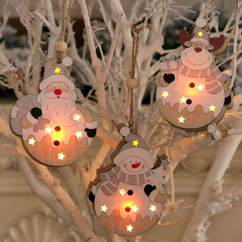 Light Up Wooden Christmas Ornaments | Santa, Snowman and Reindeer Shapes with Star Cutouts | Battery Powered Hanging Decor