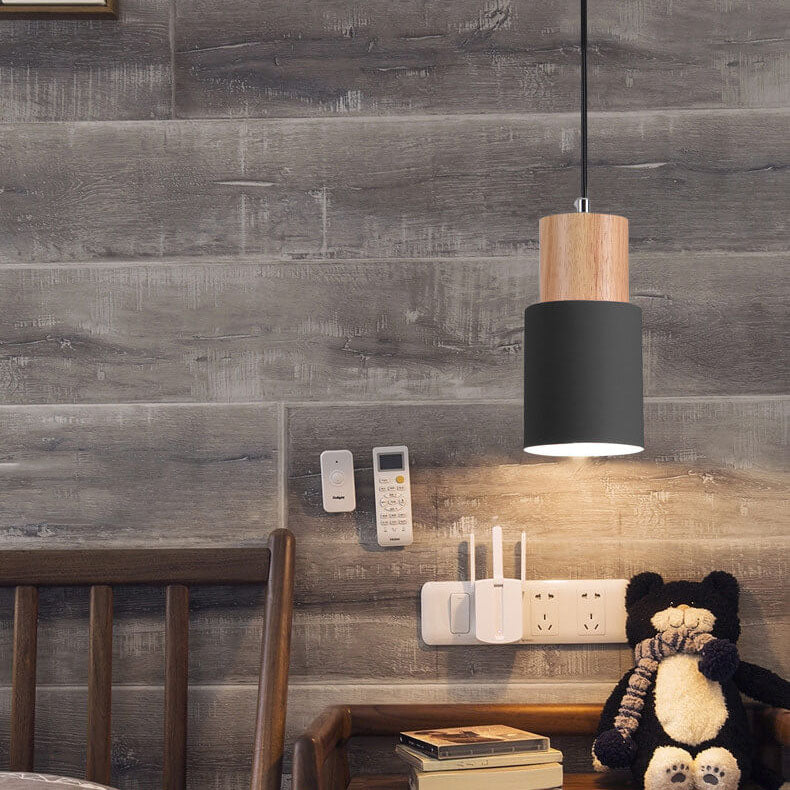 Cylinder Aluminum Pendant Light with Wood Detail