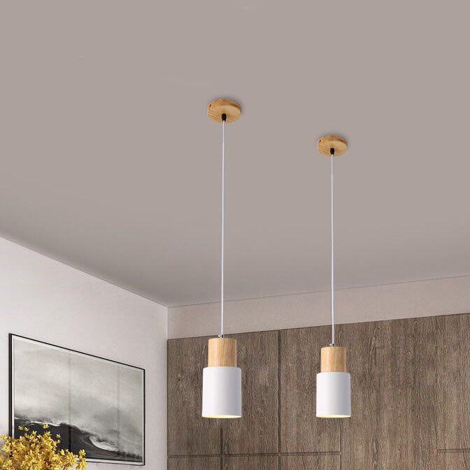 Cylinder Aluminum Pendant Light with Wood Detail