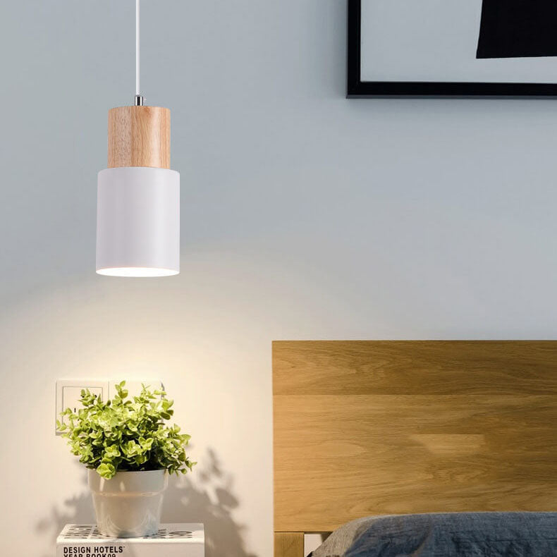 Cylinder Aluminum Pendant Light with Wood Detail