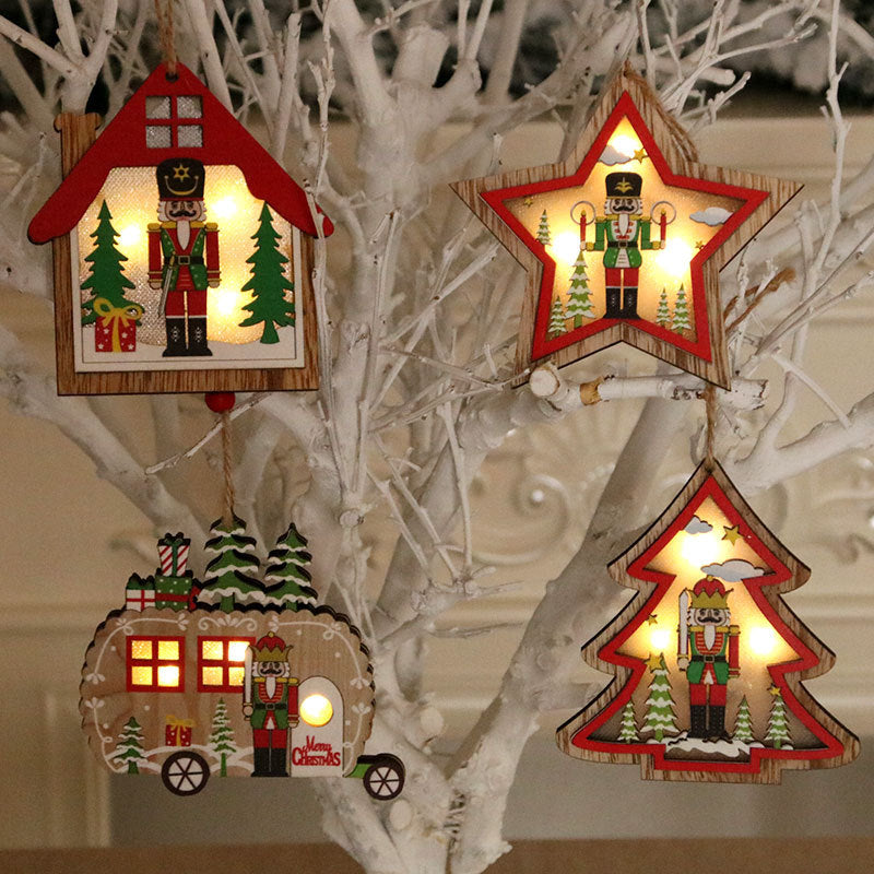 Wooden Wall Hanging Christmas Tree with Nutcracker Design | Soft LED Lights Inside | Star and House Shapes, Four Styles