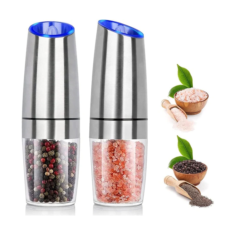 Electric Salt and Pepper Grinder with Gravity Sensor | Ceramic Burrs, Adjustable Coarseness, Blue LED | Black or Silver