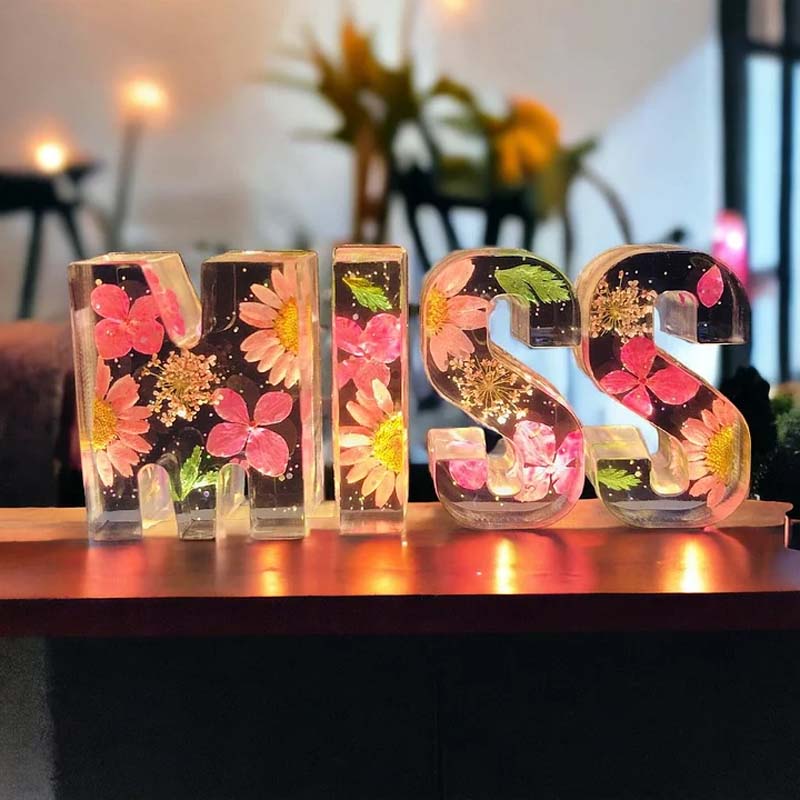 Dried Flower Letter Night Light in Clear Resin | Soft Warm LED Glow for a Bedroom or Living Room | Twenty Five Letters