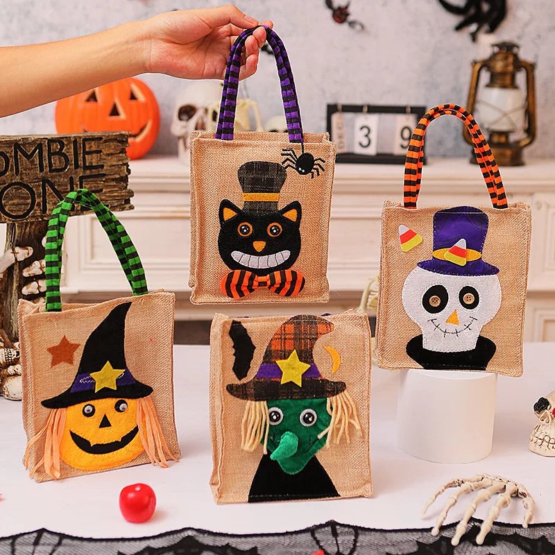 Halloween Trick Or Treat Bag | 10.23 X 5.9 In Cotton Linen With Sturdy Handles | Pumpkin, Cat, Witch Or Skull Design