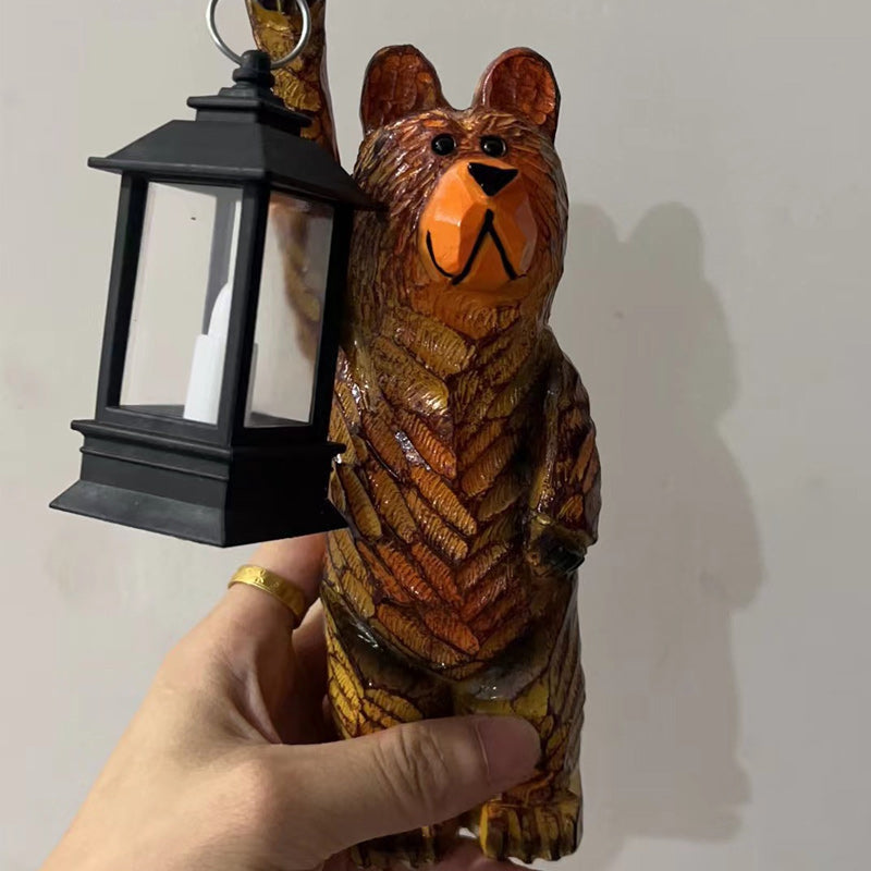 Carved Bear Garden Statue with Solar Lantern | Resin Figure That Flickers Like a Real Candle at Dusk | 20 cm Tall