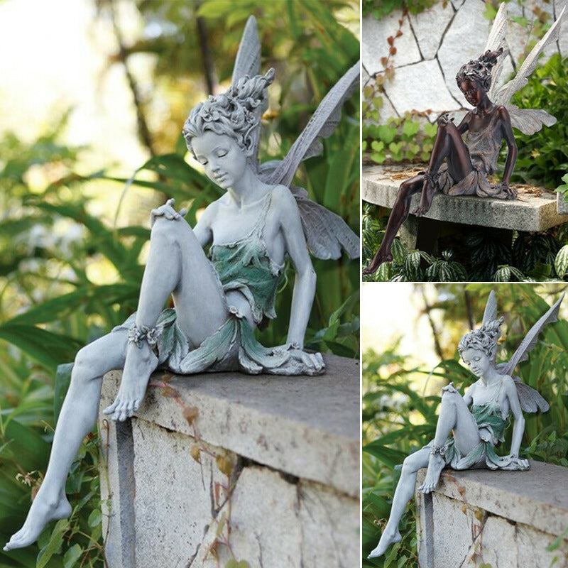Sitting Fairy Statue with Detailed Wings | Resin Garden Ornaments for a Wall, Ledge or Table Edge | Two Finishes, No Fixings