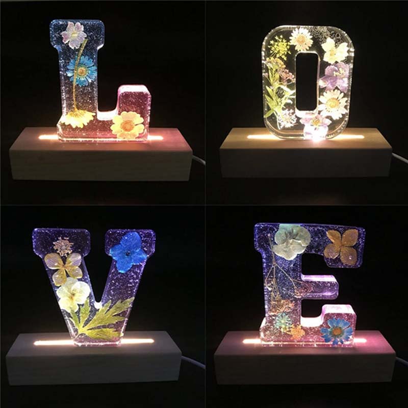 Dried Flower Letter Night Light in Clear Resin | Soft Warm LED Glow for a Bedroom or Living Room | Twenty Five Letters