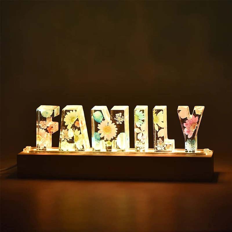 Dried Flower Letter Night Light in Clear Resin | Soft Warm LED Glow for a Bedroom or Living Room | Twenty Five Letters