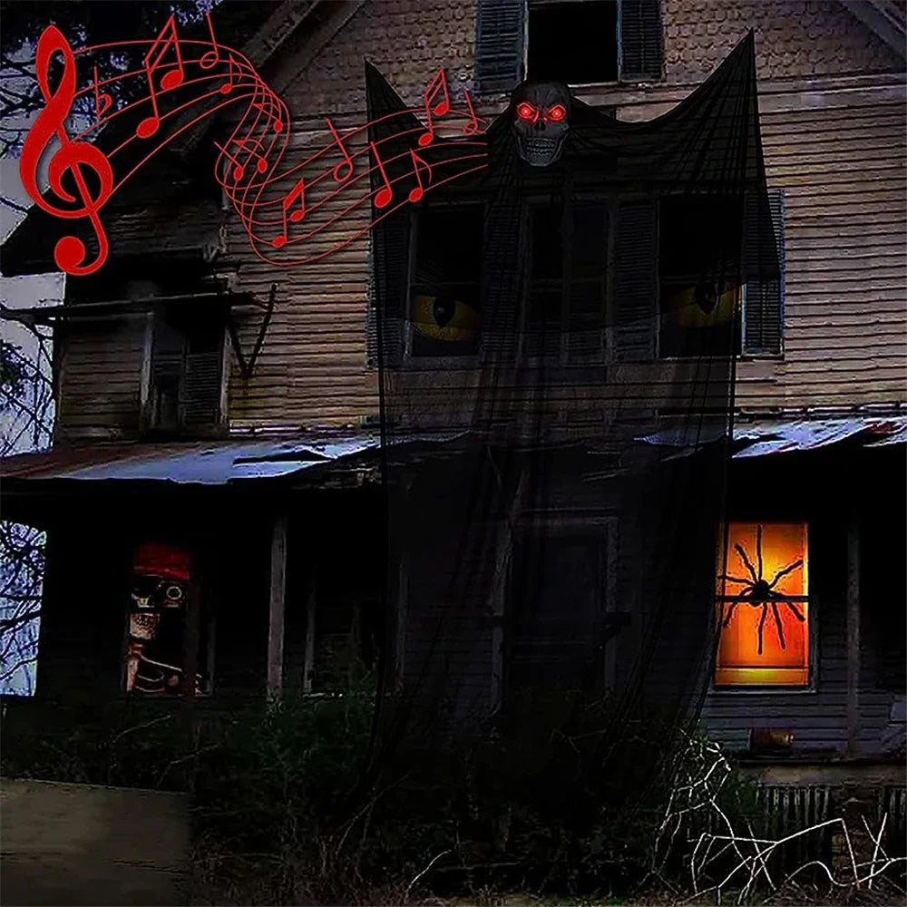 Outdoor hanging ghost decoration displayed on a porch