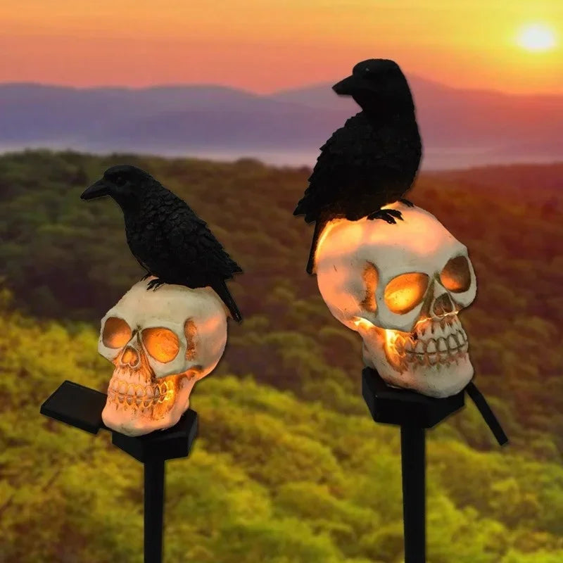 Solar Halloween Skull Stake Light | Warm White LED With 6 To 8 Hour Runtime | Waterproof Resin, Two Head Positions