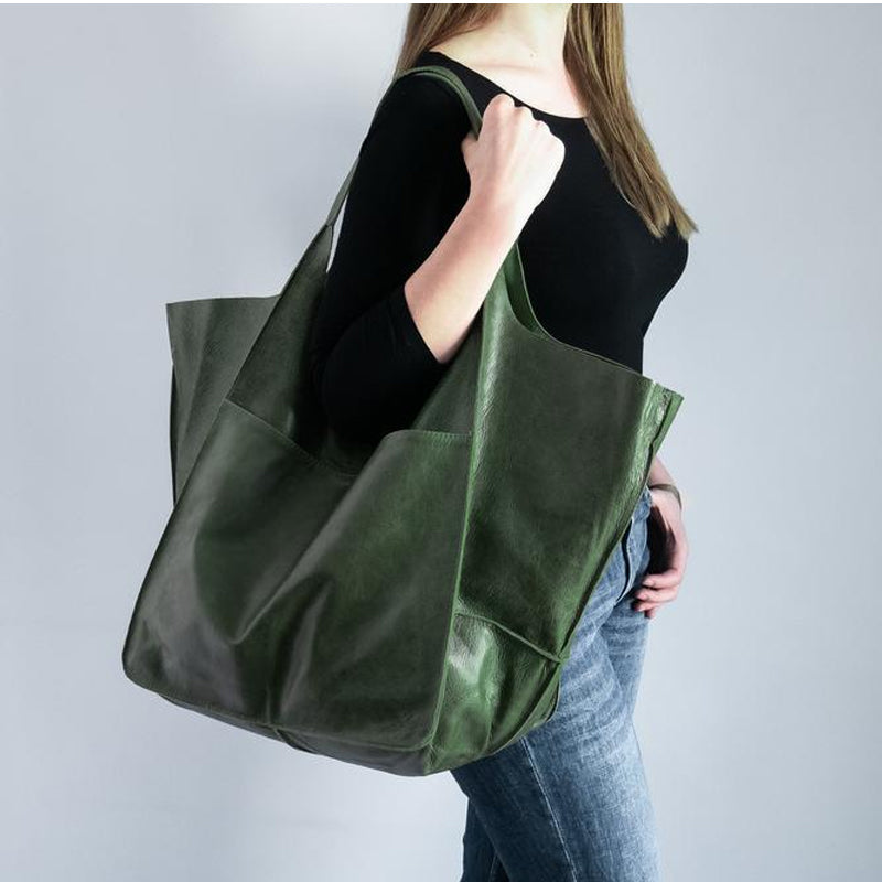 Oversized Leather Look Tote Bag in PU for Everyday Essentials | Roomy Slouchy Shoulder Carry | Five Colors