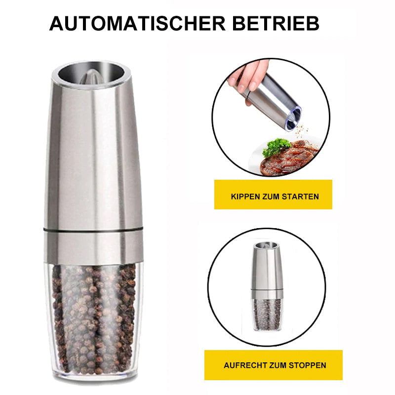 Electric Salt and Pepper Grinder with Gravity Sensor | Ceramic Burrs, Adjustable Coarseness, Blue LED | Black or Silver