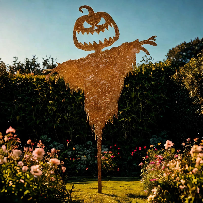 Iron scarecrow Halloween decoration with a jagged-grin pumpkin head