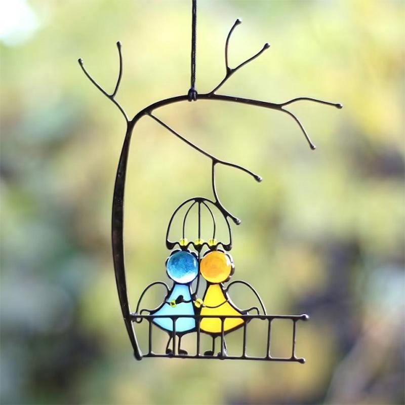 Hanging Suncatcher Wall Decor, 14 x 10 cm | Handmade Figure Motifs in Colored Epoxy on an Alloy Frame | Five Designs