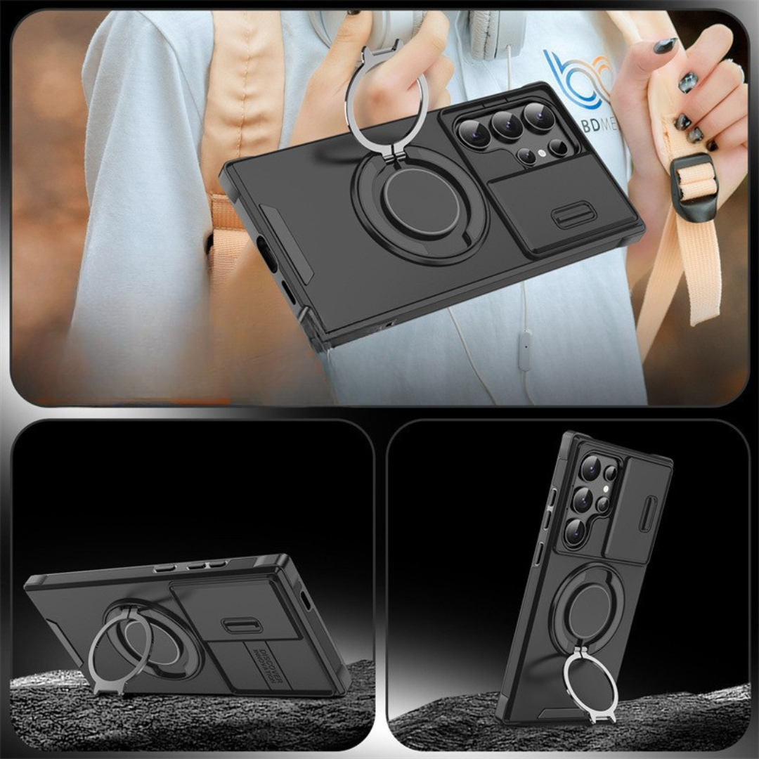MagSafe Phone Case for Samsung Galaxy S25 Ultra and Earlier | Sliding Camera Cover with Fold-Out Ring Stand