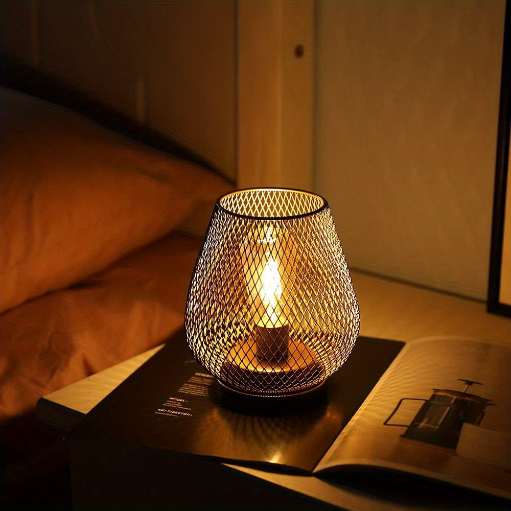 Metal Cage Table Lanterns, Set of 2 | Warm Night Light Glow for the Living Room or Terrace | Matte Black