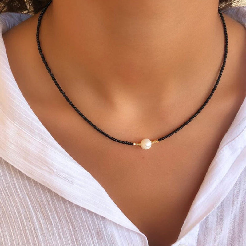 Freshwater Pearl Necklace with Colorful Rice Beads | Titanium Steel Chain for Everyday Wear | Five Color Options