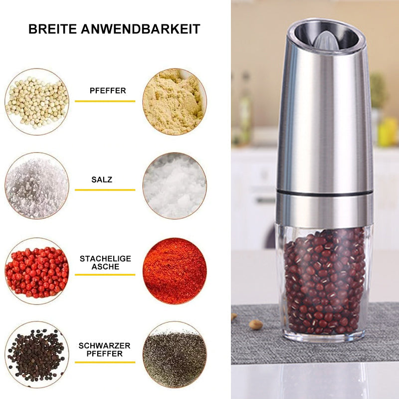 Electric Salt and Pepper Grinder with Gravity Sensor | Ceramic Burrs, Adjustable Coarseness, Blue LED | Black or Silver