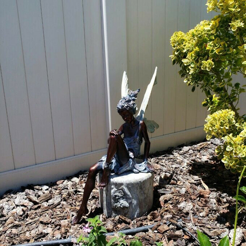 Sitting Fairy Statue with Detailed Wings | Resin Garden Ornaments for a Wall, Ledge or Table Edge | Two Finishes, No Fixings