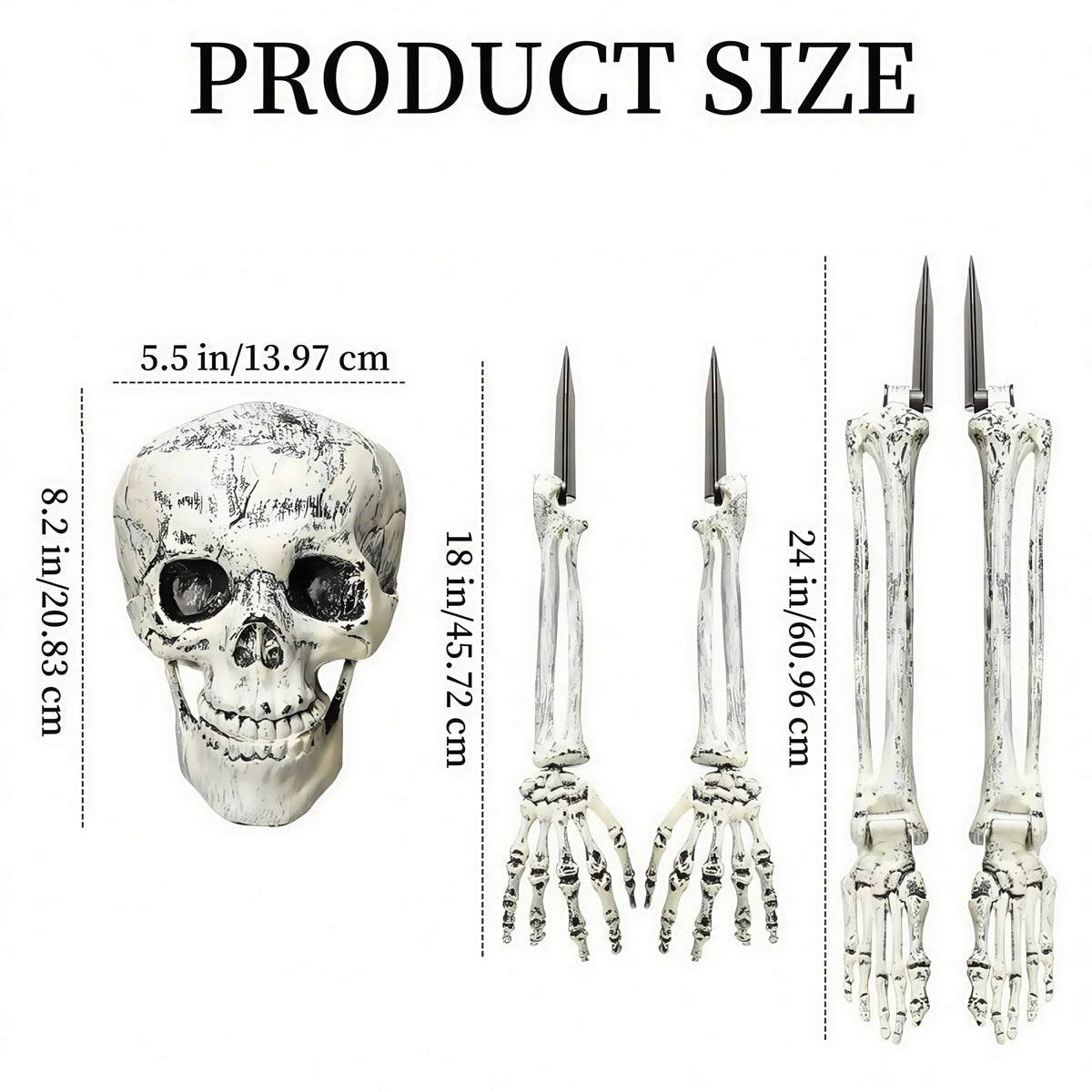 Halloween skeleton stake set arranged as a graveyard scene outdoors