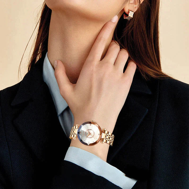 Quartz Wristwatch for Ladies with Starry Simulated Diamond Dial | Stainless Steel Case and Bracelet | 4 Colors