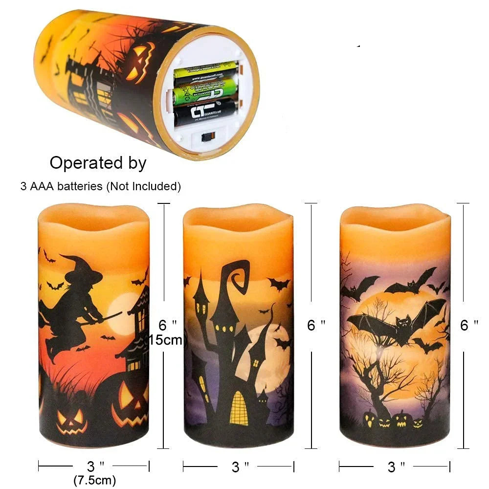 Halloween flameless candle set arranged as a spooky centerpiece