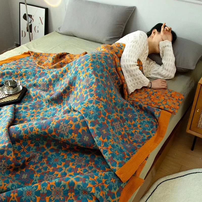 Six Layer Cotton Quilt in a Blue Print | Breathable Warm Blanket for Bed or Sofa | Four Sizes Up to 250 x 240 cm