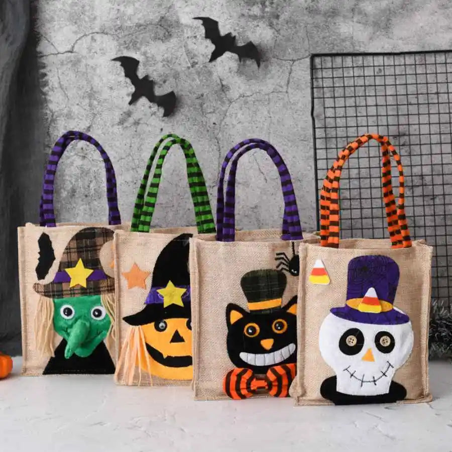 Halloween Trick Or Treat Bag | 10.23 X 5.9 In Cotton Linen With Sturdy Handles | Pumpkin, Cat, Witch Or Skull Design