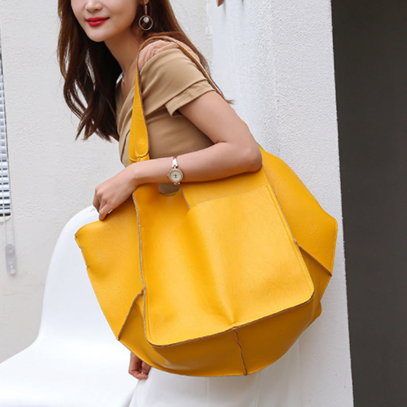 Oversized Faux Leather Tote Bag for Women | Soft Slouchy Shoulder Carry for Work or Travel | 6 Colors, Black to Khaki