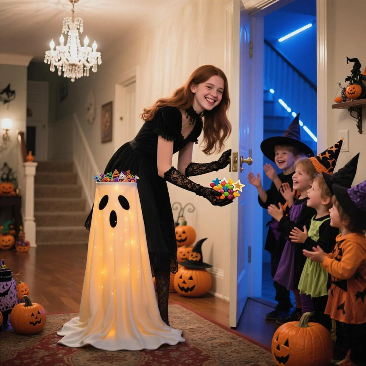 Ghost-shaped candy stand lit up beside a front door