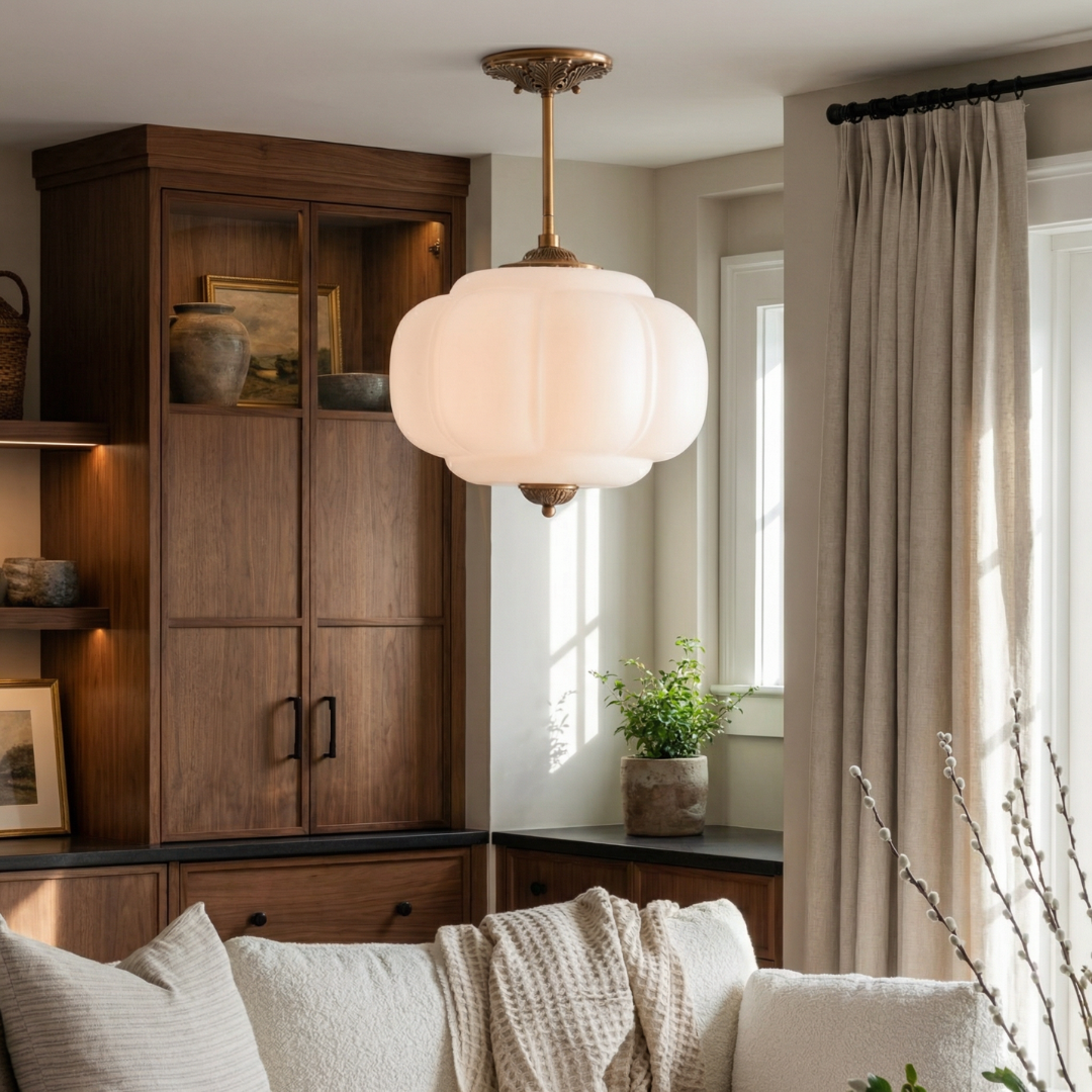 Pumpkin Glass Pendant Light Adjustable Brass